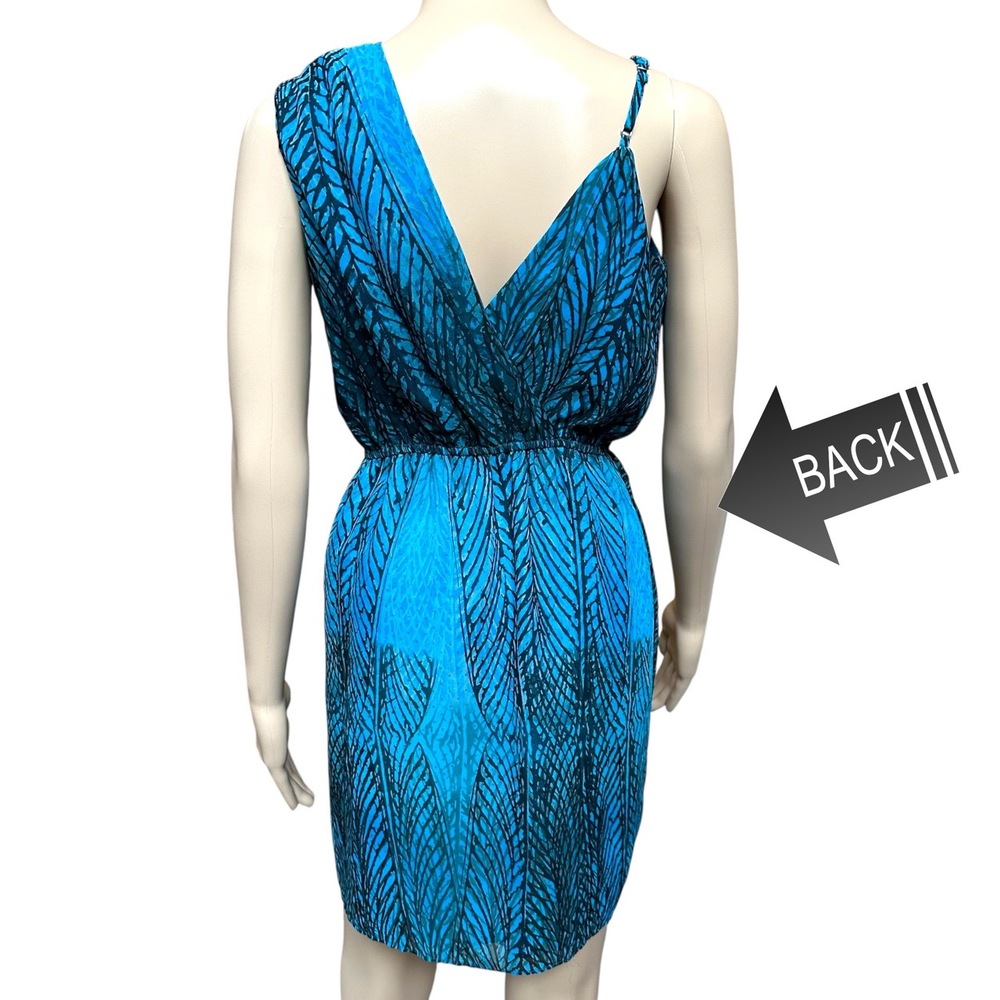 Bebe Blue Abstract Faux Wrap Draped Mini Dress Sleeveless Tulip Hem Airy Size XS - Picture 10 of 10